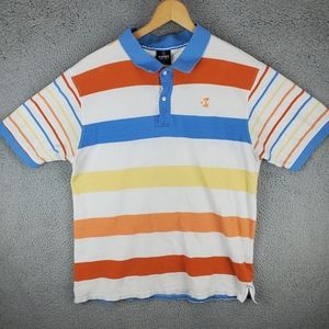 Starbury Men’s Short Sleeve Polo Button Shirt Large Blue White Orange Striped